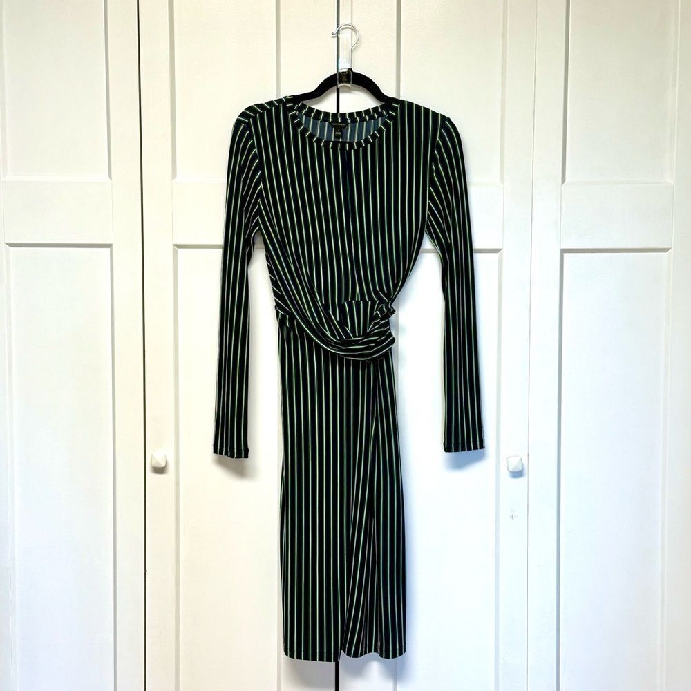 Ann Taylor Navy Blue, Green and White Striped Long Sleeve Wrap Midi Dress